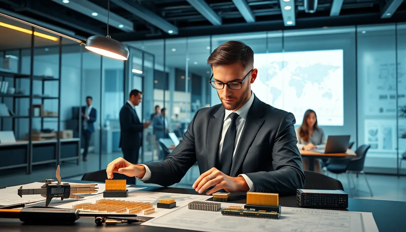 engineer inspecting pogo pin connectors in a modern corporate office